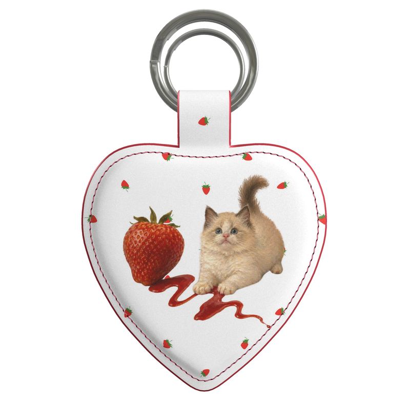 Strawberry Cat Leather Keyring